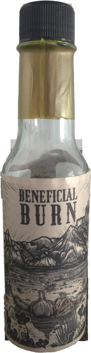 A bottle of Beneficial Burn hot sauce