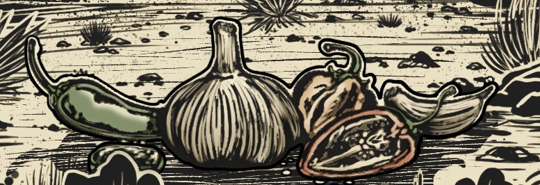 Hand-drawn jalapeño, garlic bulb and habaneros