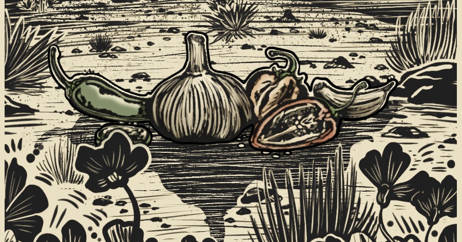 Hand-drawn jalapeño, garlic and habaneros among desert wildflowers